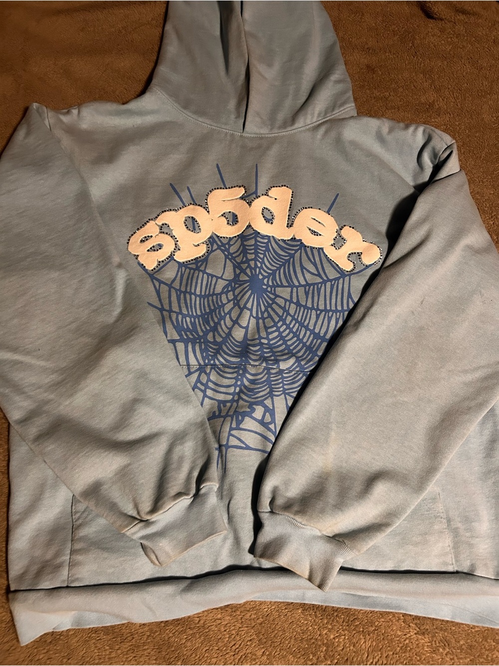 Light Blue Pullover Hoodie with Spiderweb Graphic
